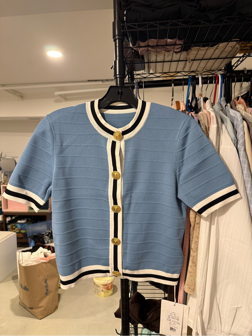 Cropped Sky Blue Short Sleeve Knit sweater with Gold Buttons